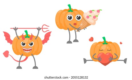 Set Abstract Collection Flat Cartoon 
Different Pumpkin Halloween Holding A Huge Ice Cream, Devil With Horns And Trident, Hugs The Heart Vector Design Style Elements