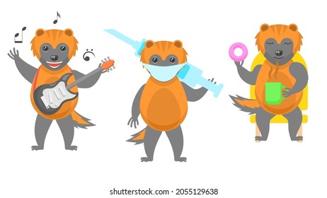 Set Abstract Collection Flat Cartoon 
Different Animal Wolverines Drinking Tea With Donut, Masked Doctor With Syringe, Plays The Guitar Vector Design Style Elements Fauna Wildlife