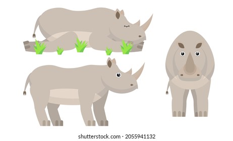 Set Abstract Collection Flat Cartoon 
Different Animal Rhinoceros Stand, Sleeping Vector Design Style Elements Fauna Wildlife