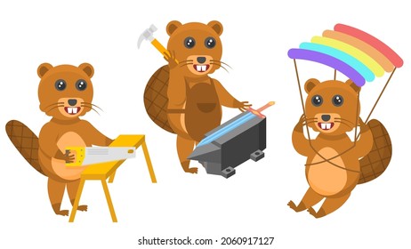 Set Abstract Collection Flat Cartoon 
Different Animal Beavers Sawing Boards, Eparachute Jumping, Knocks On The Anvil With A Hammer Vector Design Style Elements Fauna Wildlife