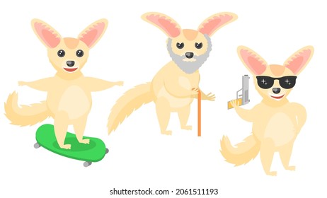 Set Abstract Collection Flat Cartoon 
Different Animal Fenech Skateboard, Old Man With Beard And Cane, Cool With A Gun And Glasses Vector Design Style Elements Fauna Wildlife