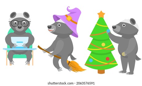 Set Abstract Collection Flat Cartoon 
Different Animal Honey Badgers Decorates The Christmas Tree, Flying On A Broomstick Wearing A Hat, Working On A Laptop Vector Design Style Elements Fauna Wildlife