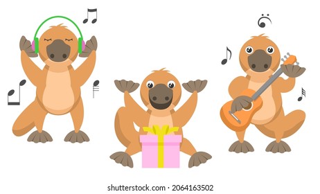 Set Abstract Collection Flat Cartoon 
Different Animal Platypus Duckbill Listening To Music On Headphones, Surprised By The Gift, Plays The Acoustic Guitar Vector Design Style Elements Fauna Wildlife