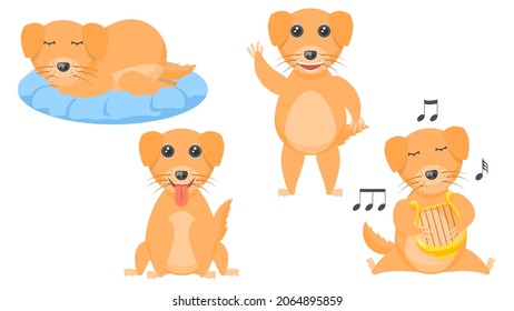 Set Abstract Collection Flat Cartoon 
Different Animal Dogs Stand, Sleeping, Waving Hand, Plays The Lyre Vector Design Style Elements Fauna Wildlife