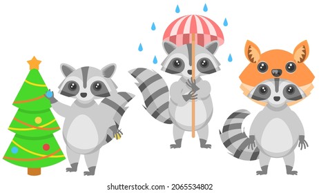 Set Abstract Collection Flat Cartoon 
Different Animal Raccons Decorates The Christmas Tree, Fox Hat, With An Umbrella In The Rain Vector Design Style Elements Fauna Wildlife