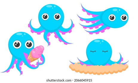 Set Abstrakte Kollektion Flach Cartoon Unterschiedliche Tier-Blue-Tintenfische Tentacles schwimmen, schwimmen, mit riesiger Eis Creme, Schlafen Vectordesign Stil Elemente Fauna Wildlife