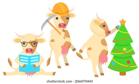 Set Abstract Collection Flat Cartoon 
Different Animal Cows Reading Book, Decorates The Christmas Tree, Miner With Pickaxe And Helmet  Vector Design Style Elements Fauna Wildlife