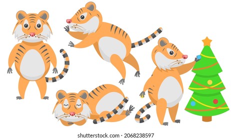 Set Abstract Collection Flat Cartoon 
Different Animal Tigers Stand, Jumping, Sleeping, Decorates The Christmas Tree Vector Design Style Elements Fauna Wildlife