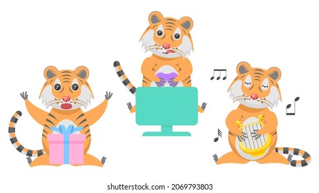 Set Abstract Collection Flat Cartoon 
Different Animal Tigers Plays The Lyre, Plays Games On A Gamepad, Surprised By The Gift Vector Design Style Elements Fauna Wildlife