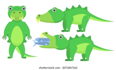 Set Abstract Collection Flat Cartoon 
Different Animal Crocodiles Stand, Eating Fishes Vector Design Style Elements Fauna Wildlife