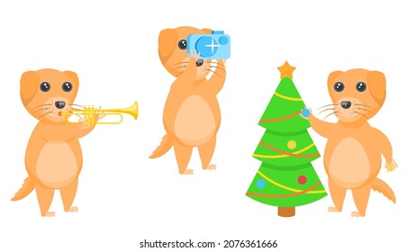 Set Abstract Collection Flat Cartoon Different Animal Dogs Puppy Decorates The Christmas Tree, Plays The Trombone, Photographs Vector Design Style Elements Fauna Wildlife