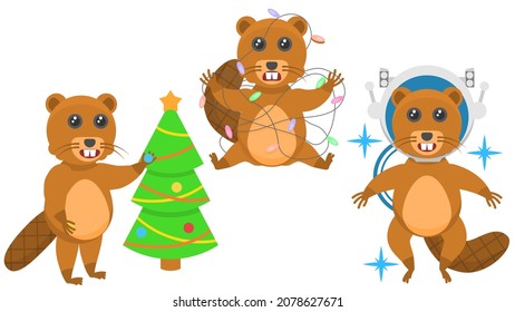 Set Abstract Collection Flat Cartoon 
Different Animal Beavers Tangled In A Garland, Decorates The Christmas Tree, Astronaut In Helmet Vector Design Style Elements Fauna Wildlife