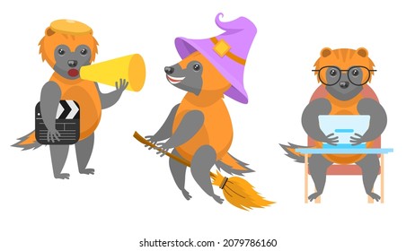 Set Abstract Collection Flat Cartoon 
Different Animal Wolverines Director Shouts Through A Megaphone, Flying On A Broomstick  Working On Laptop Vector Design Style Elements Fauna Wildlife