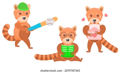 Set Abstract Collection Flat Cartoon 
Different Animal Red Pandas Plays Baseball, Reading A Book, Reading A Love Letter Vector Design Style Elements Fauna Wildlife