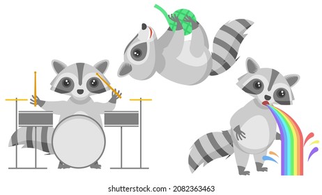 Set Abstract Collection Flat Cartoon 
Different Animal Raccons Plays Drums, Pukes A Rainbow, Playing With A Ball Of Thread Vector Design Style Elements Fauna Wildlife