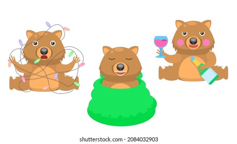 Set Abstract Collection Flat Cartoon 
Different Animal Wombat Wrapped In Blanket, Tangled In A Garland, Drinks Alcoholic Beverages Vector Design Style Elements Fauna Wildlife