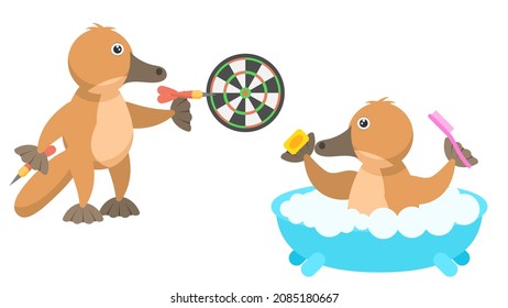 Set Abstract Collection Flat Cartoon 
Different Animal Platypus Duckbill Playing Darts, Washes In The Bath Vector Design Style Elements Fauna Wildlife