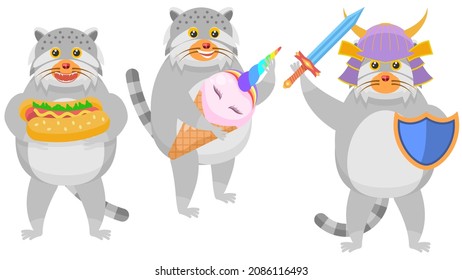 Set Abstract Collection Flat Cartoon 
Different Animal Manul Cat Eating Hot Dog, With Huge Ice Cream, With Shield And Helmet Vector Design Style Elements Fauna Wildlife