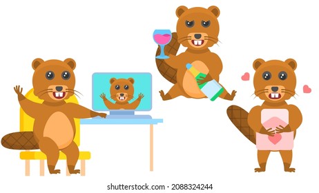 Set Abstract Collection Flat Cartoon 
Different Animal Beavers Reading A Love Letter, Drinks Alcoholic Beverages, Speaks Via Video Link Vector Design Style Elements Fauna Wildlife