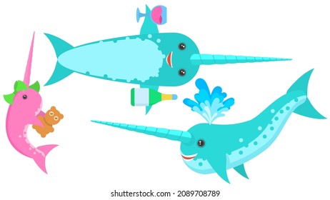 Set Abstract Collection Flat Cartoon 
Different Animal Narwhals Drinks Alcoholic Beverages, With Vows And A Toy, Fountains Water Vector Design Style Elements Fauna Wildlife