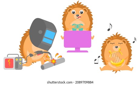 Set Abstract Collection Flat Cartoon 
Different Animal Hedgehogs Welder Welds The Pipe, Plays On A Gamepad, Plays The Lyre Vector Design Style Elements Fauna Wildlife