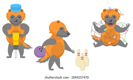 Set Abstract Collection Flat Cartoon 
Different Animal Wolverines Works With A Jackhammer, Bowling, Tangled In A Garland Vector Design Style Elements Fauna Wildlife