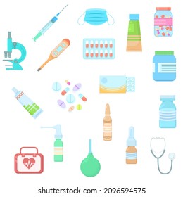 Set Abstract Collection Flat Cartoon Vector Design Style Element Medicine Pharmacy Isolated Protection Concept Healthcare Medical