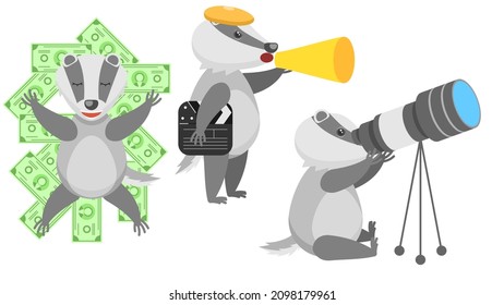 Set Abstract Collection Flat Cartoon 
Different Animal Badgers Bathed In Money, Director Shouts Through A Megaphone, Watching The Stars Through A Telescope Vector Design Style Elements Fauna Wildlife