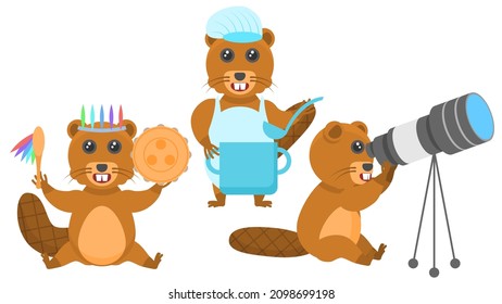 Set Abstract Collection Flat Cartoon
Different Animal Beavers Shaman With A Tambourine, Cook With A Saucepan And A Ladle, Looking Through A Telescope Vector Design Style Elements Fauna Wildlife 
