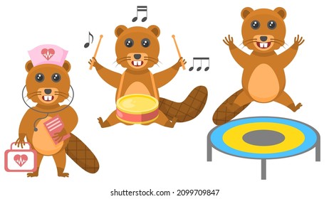 Set Abstract Collection Flat Cartoon Different Animal Beavers Jumping On A Trampoline, Plays The Drum, Doctor With First Aid Kit Vector Design Style Elements Fauna Wildlife 