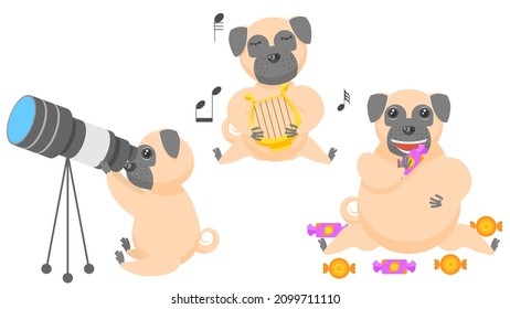 Colección Resumen Caricatura Plana Diferentes Perros De Pug Animal Puppy Se Pudo Grasar De Candy, Juega La Letra, Viendo Las Estrellas A Través De Un Telescopio Vector Diseñar Elementos Fauna Vida Silvestre