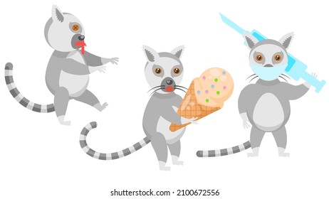 Set Abstract Collection Flat Cartoon Different Animal Lemur With Huge Ice Cream, Zombie, Masked Doctor With Syringe Vector Design Style Elements Fauna Wildlife