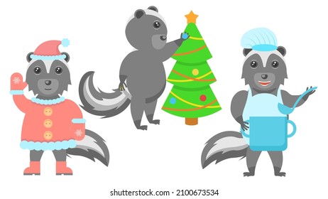 Set Abstract Collection Flat Cartoon Different Animal Skunks Decorates The Christmas, Cook With A Saucepan And A Ladle, In Warm Clothes And Smiling Vector Design Style Elements Fauna Wildlife