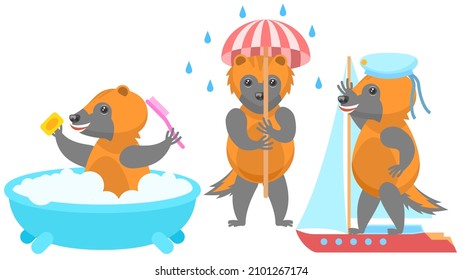 Set Abstract Collection Flat Cartoon Different Animal Wolverines Washes In The Bath, With An Umbrella In The Rain, Sailing On A Ship Vector Design Style Elements Fauna Wildlife