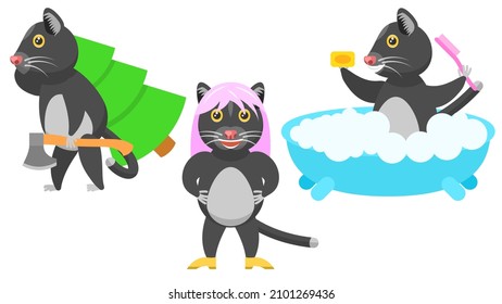 Set Abstract Collection Flat Cartoon Different Animal Cats Kitty Pets Carries A Felled Tree, Washes In The Bath, With Pink Hair In Heels Vector Design Style Elements Fauna Wildlife