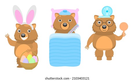 Set Abstract Collection Flat Cartoon 
Different Animal Wombat In Bunny Ears With A Basket Of Eggs, Sick With A Thermometer, Ophthalmologist With Scapula Vector Design Style Elements Fauna Wildlife