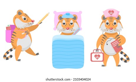 Set Abstract Collection Flat Cartoon 
Different Animal Tigers Sick With A Thermometer, Schoolboy With Briefcase And Pencil, Doctor With First Aid Kit Vector Design Style Elements Fauna Wildlife