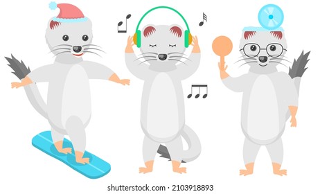 Set Abstract Collection Flat Cartoon Different Animal Ermines Listening To Music On Headphones, Ophthalmologist With Scapula, Snowboarding Vector Design Style Elements Fauna Wildlife