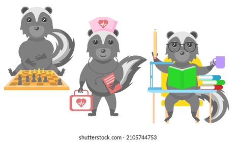 Set Abstract Collection Flat Cartoon Different Animal Skunks Plays Chess, Studying At The Table With Books, Doctor With First Aid Kit Vector Design Style Elements Fauna Wildlife