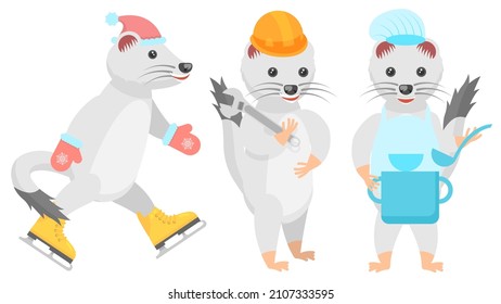 Set Abstract Collection Flat Cartoon Different Animal Ermines Skates, Cook With A Saucepan And A Ladle,
Builder With Wrench Vector Design Style Elements Fauna Wildlife