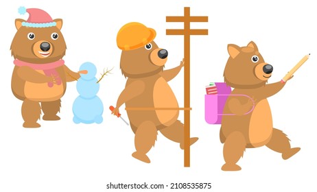 Set Abstract Collection Flat Cartoon 
Different Animal Wombat Making A Snowman, Schoolboy With Briefcase And Pencil, Electrician Climbs The Pole Vector Design Style Elements Fauna Wildlife