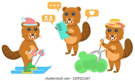 Set Abstract Collection Flat Cartoon Different Animal Beavers Skiing, Gardener Trims The Bushes, With Smartphone In The Social Network Vector Design Style Elements Fauna Wildlife 