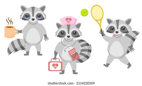 Colección Abstracta Dibujo Plano Diferentes Raccones Animales Cansados Con Una Taza De Café, Doctor Con Kit De Primeros Auxilios, Juega Elementos De Diseño Vector Badminton Fauna Fauna