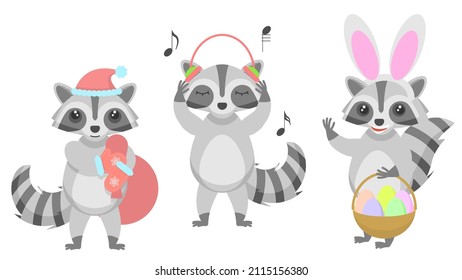 Set Abstract Collection Flat Cartoon Different Animal Raccoons With A Bag Of Gifts, Listening To Music On Headphones, In Bunny Ears With A Basket Of Eggs Vector Design Style Elements Fauna Wildlife