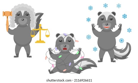 Set Abstract Collection Flat Cartoon Different Animal Skunks Judge With Scales And Gavel, Tangled In A Garland, Stands Under The Falling Snowflakes Vector Design Style Elements Fauna Wildlife