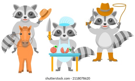 Set Abstract Collection Flat Cartoon Different Animal Raccons Riding A Horse, Cowboy With Revolver Lasso Boots And Hat, Chef Cuts Vegetables With A Knife Vector Design Style Elements Fauna Wildlife