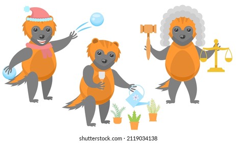 Set Abstract Collection Flat Cartoon Different Animal Wolverines Throws A Ssnowball, Judge With Scales And Gavel, Watering Plants From A Watering Can Vector Design Style Elements Fauna Wildlife