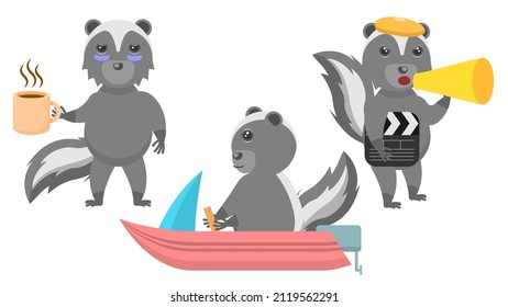 Set Abstract Collection Flat Cartoon Different Animal Skunks Sailing On A Boat, Tired With A Cup Of Coffee, Director Shouts Through A Megaphone Vector Design Style Elements Fauna Wildlife