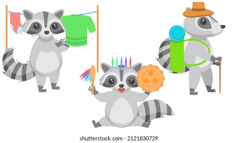 Set Abstract Collection Flat Cartoon Different Animal Raccoons Hangs Up Laundry, Shaman With A Tambourine, Goes Hiking With A Backpack Vector Design Style Elements Fauna Wildlife