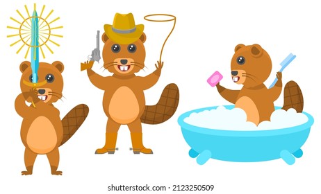Set Abstract Collection Flat Cartoon Different Animal Beavers With A Sword In Hand, Washes In The Bath, Cowboy With Revolver Lasso Boots And Hat Vector Design Style Elements Fauna Wildlife